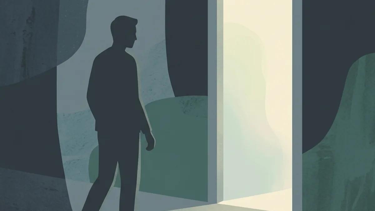 Ilustración abstracta de una silueta que se detiene antes de un umbral iluminado, eligiendo dar un paso atrás